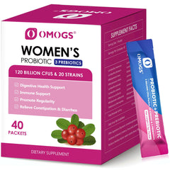OMOGS women's probiotic with cranberry extract box and single packet showing 120 billion CFUs and berries