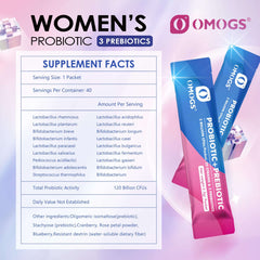 OMOGS women's probiotic with cranberry extract stick packets with supplement facts panel and pink blue packaging