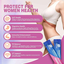 Women’s probiotic supplement sachets and box with health benefit labels