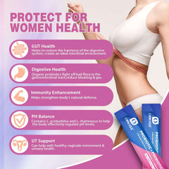 OMOGS women's probiotic with cranberry extract sachets beside slim woman and icons showing gut immunity ph support