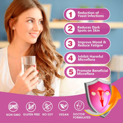 OMOGS women's probiotic with cranberry extract showing smiling woman holding glass and product benefits icons