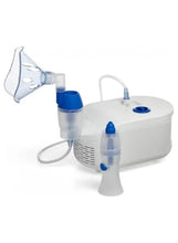 Compressor nebulizer device with nasal shower funnel, mask, and tubing, blue and white.