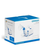 Compressor nebulizer kit box with nasal shower accessories, blue and white.