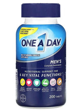 Men’s multivitamin supplement bottle, blue label, 200 tablets