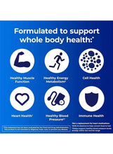 Men’s multivitamin supplement label panel with health icons for muscle, energy, and cell health