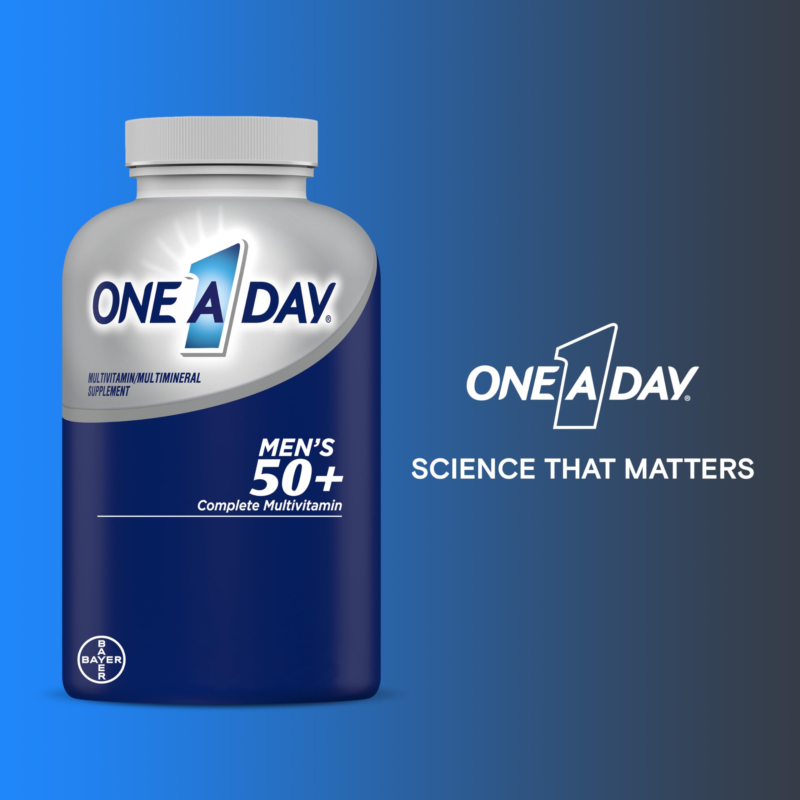 ONE A DAY Mens 50 plus complete multivitamin bottle on blue background multivitamin for men over 50