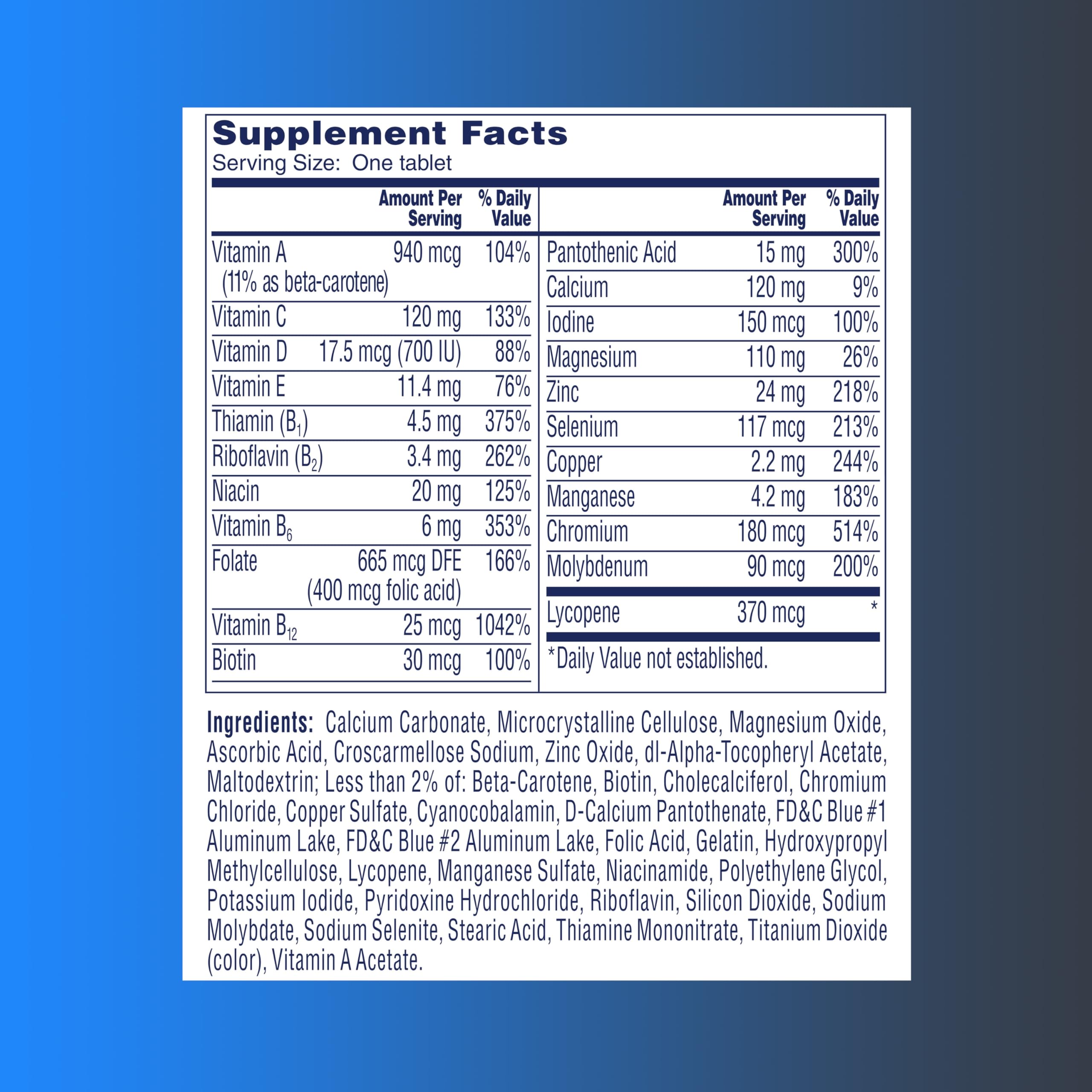 ONE A DAY supplement facts label and ingredients list for multivitamin for men over 50