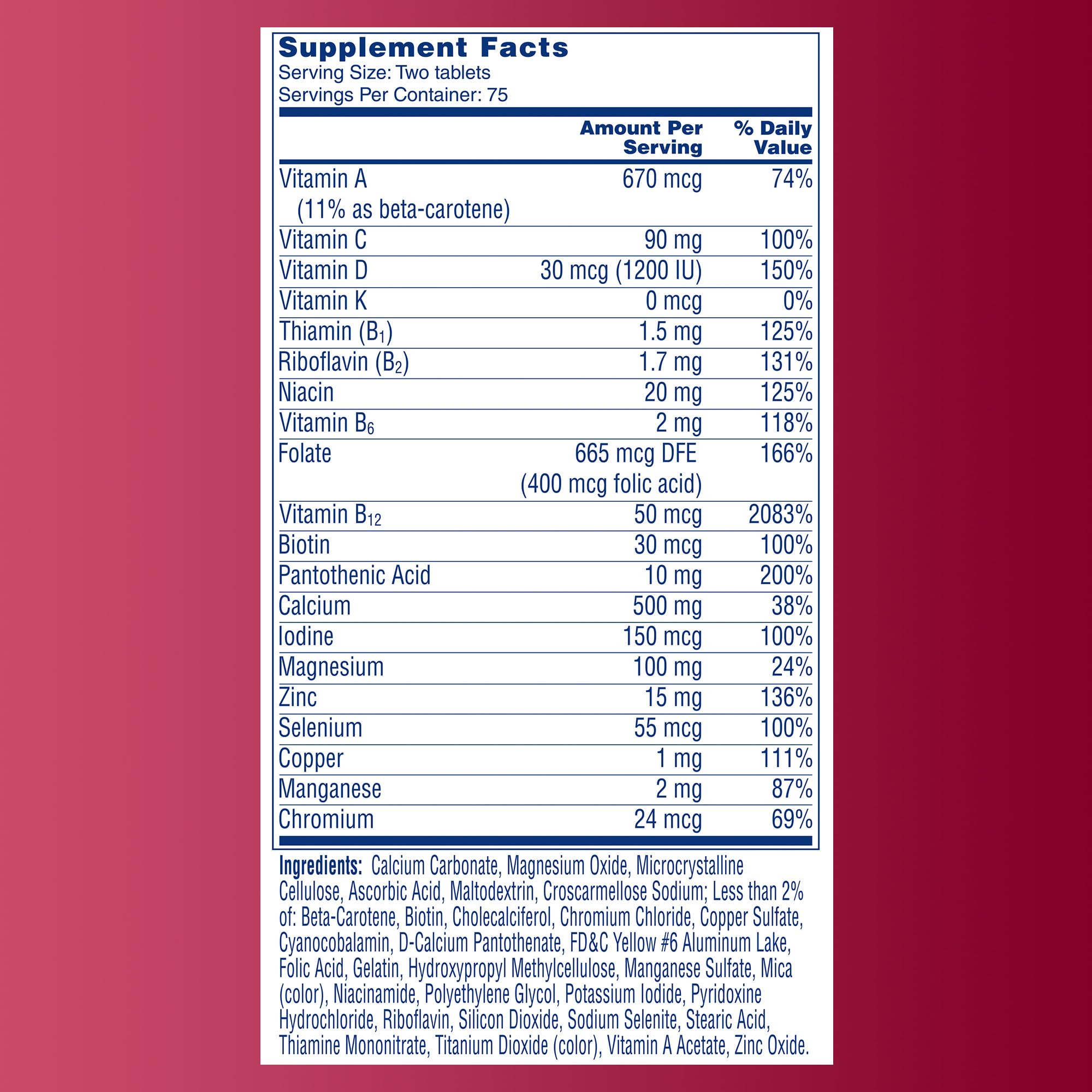 ONE A DAY supplement facts label showing vitamins and minerals for multivitamin supplements for seniors UAE