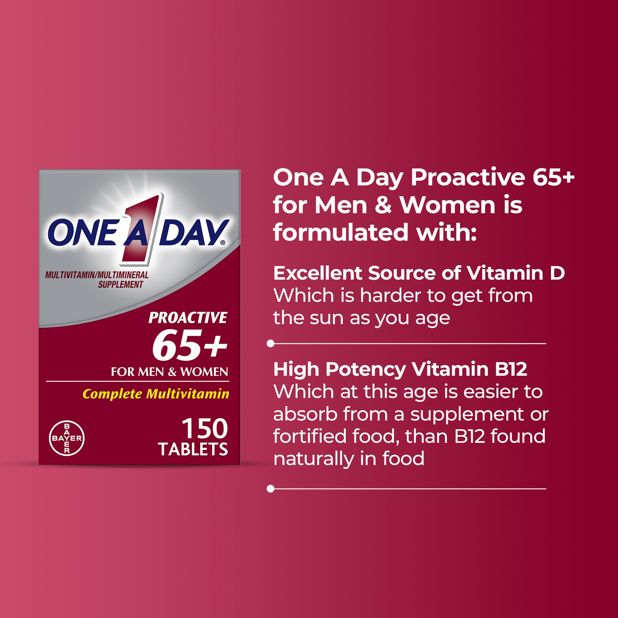 ONE A DAY Proactive 65 for men and women 150 tablets multivitamin supplements for seniors UAE showing vitamin D and B12