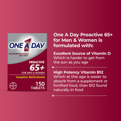 ONE A DAY Proactive 65 for men and women 150 tablets multivitamin supplements for seniors UAE showing vitamin D and B12