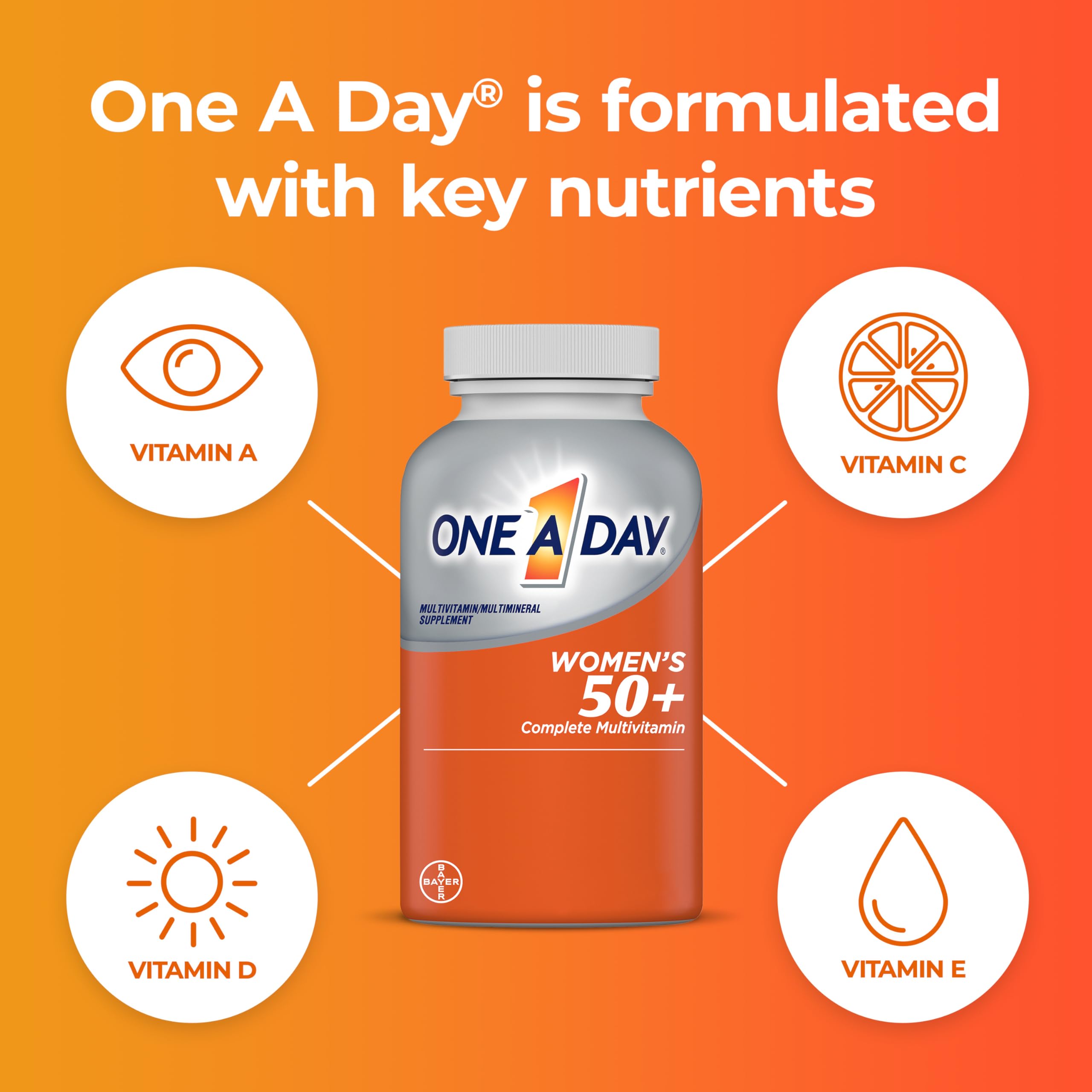 ONE A DAY womens 50 plus multivitamin bottle with vitamin A C D E icons multivitamins for women over 50