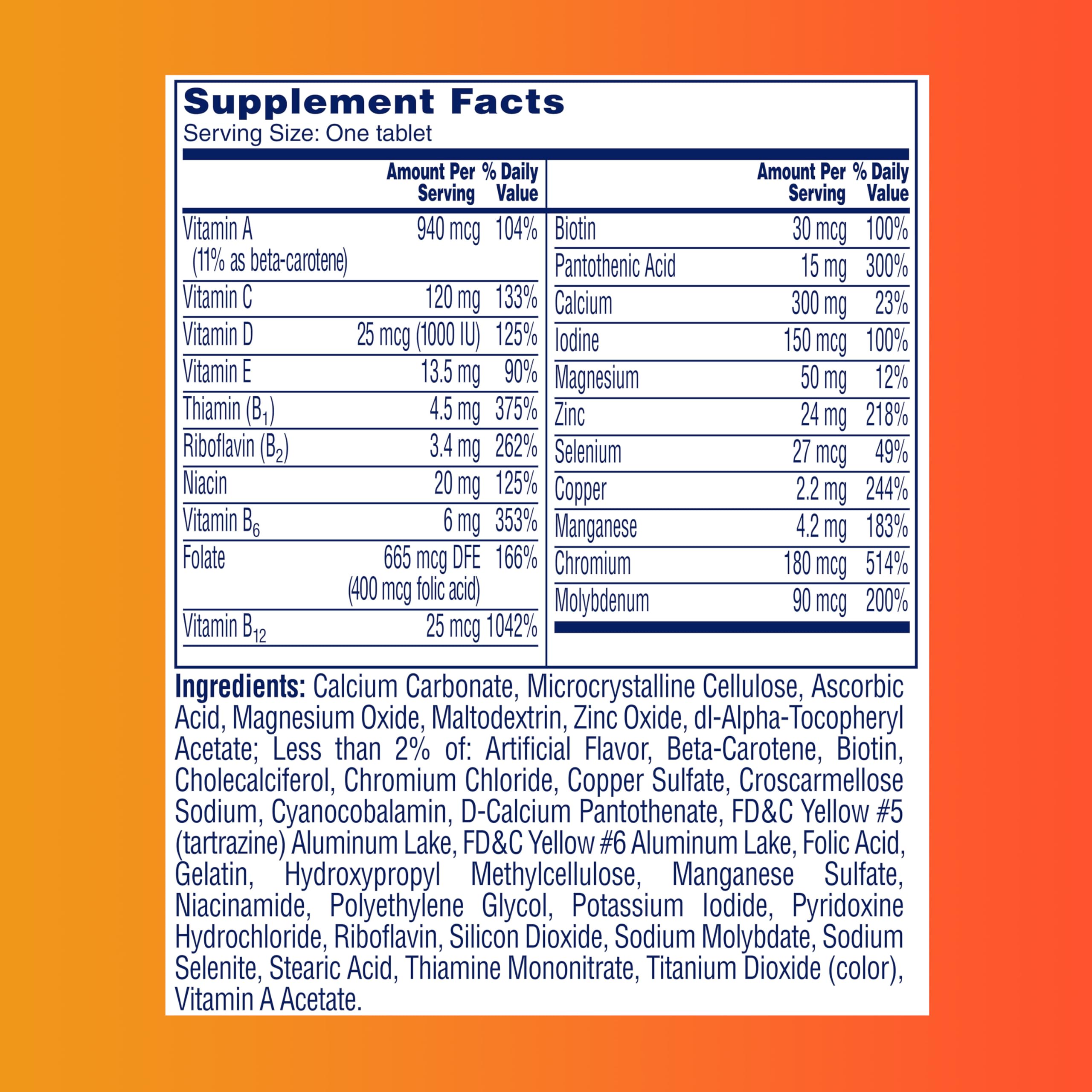 ONE A DAY multivitamins for women over 50 supplement facts label showing vitamin and mineral amounts per tablet