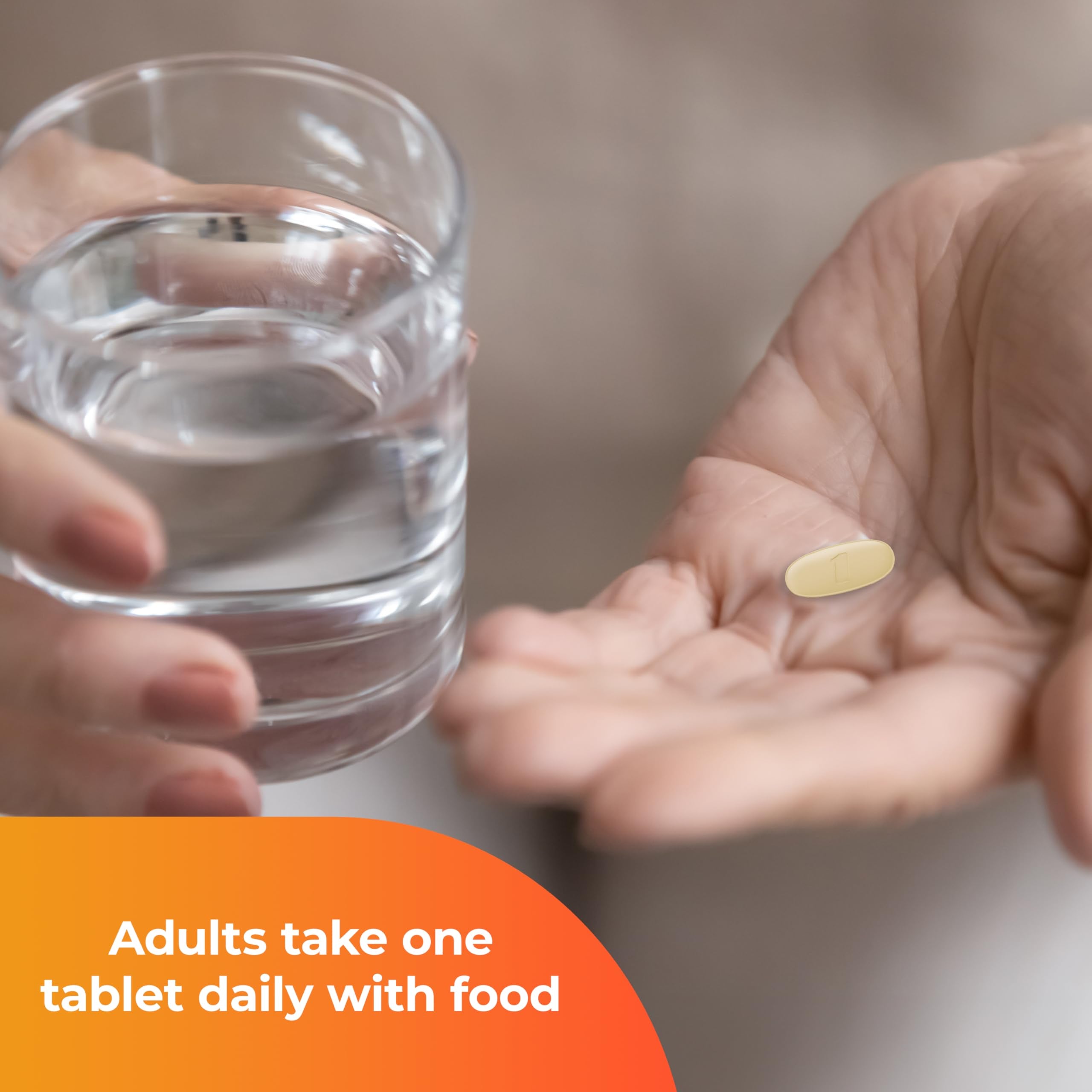 ONE A DAY multivitamins for women over 50 tablet in hand with glass of water and dosage overlay