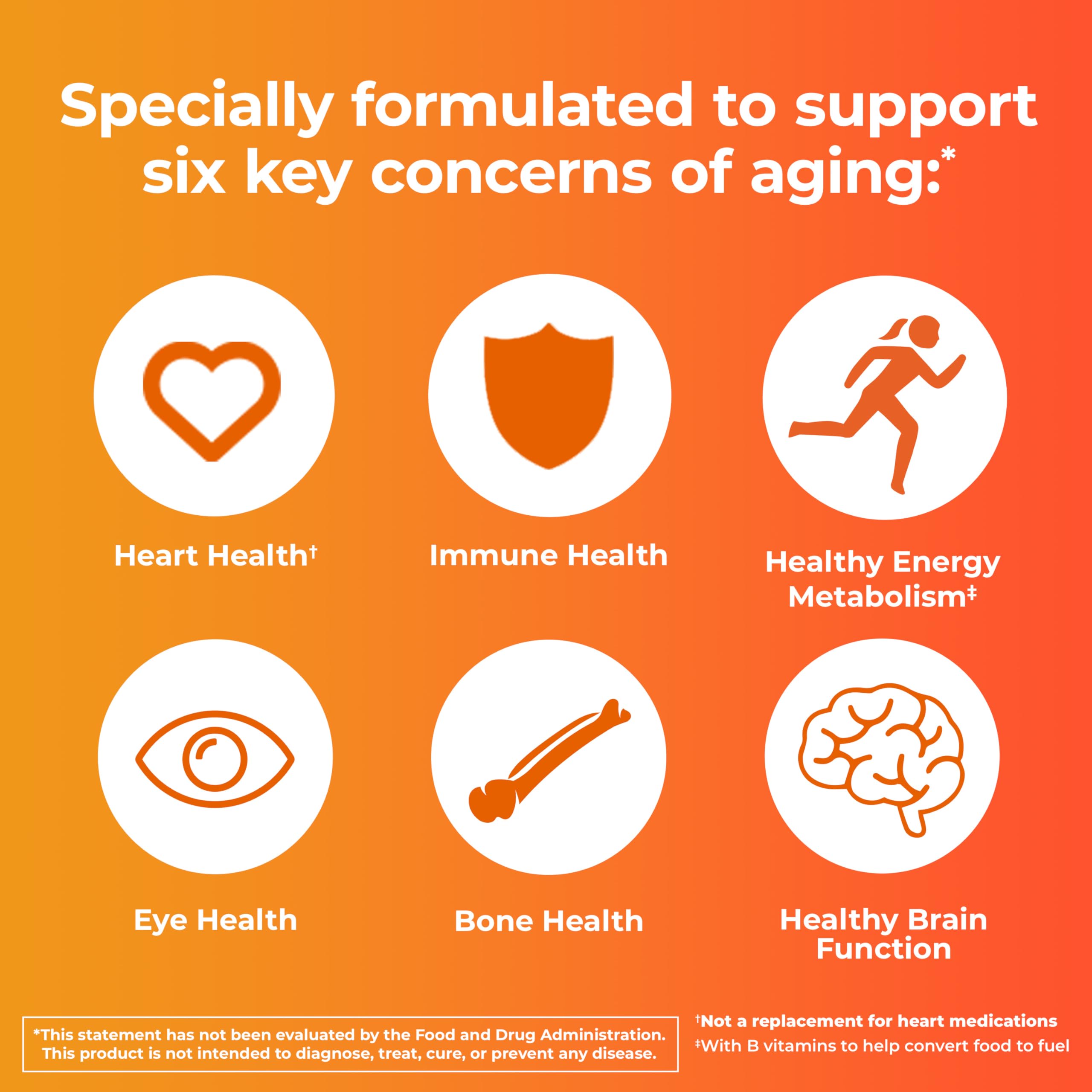 ONE A DAY supplements infographic showing heart immune energy eye bone and brain health icons multivitamins for women over 50