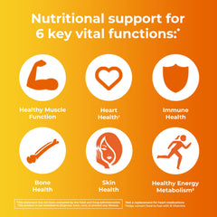 ONE A DAY multivitamins for women showing six icons for muscle heart immune bone skin and energy support