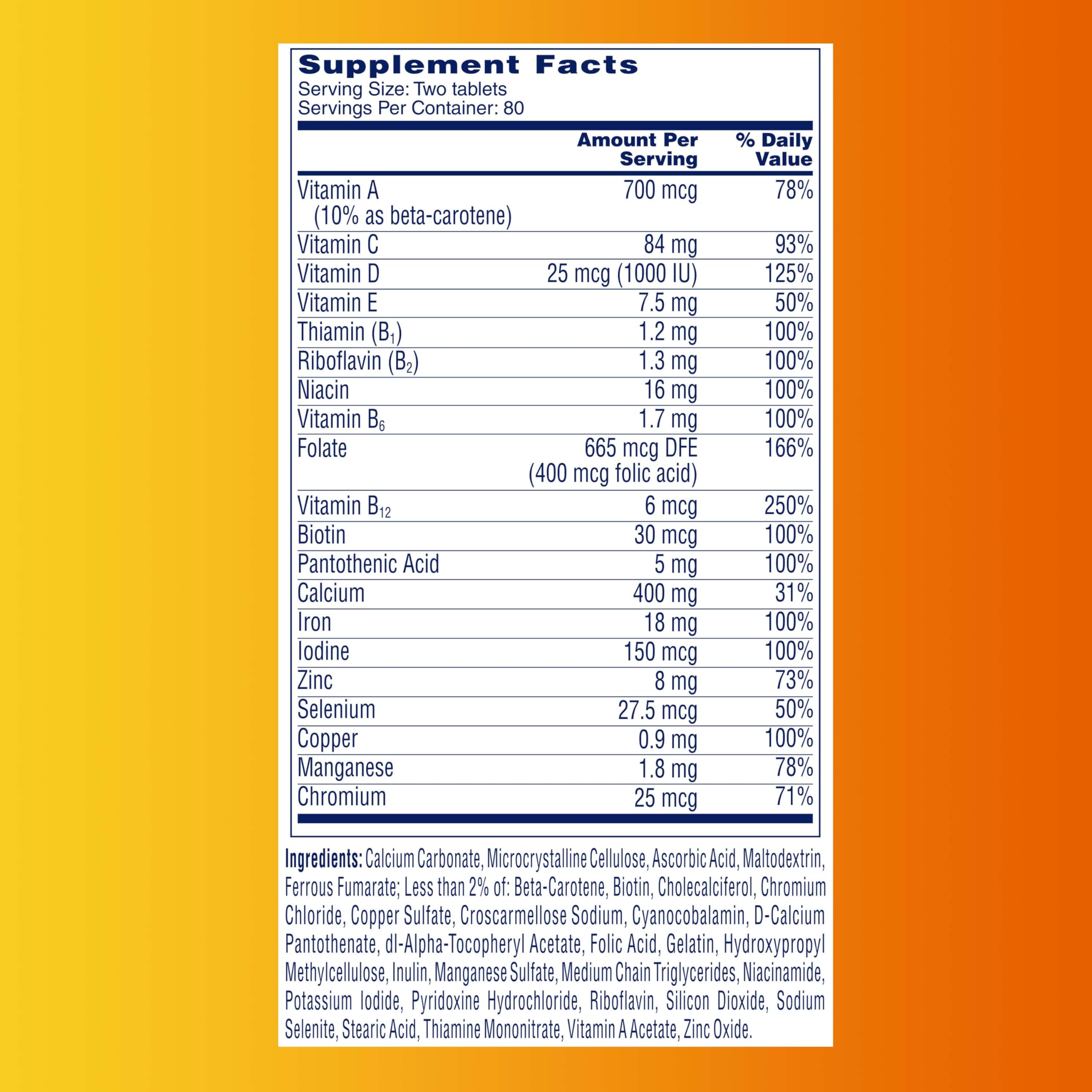 Supplement facts label showing vitamins minerals and dosages for ONE A DAY multivitamins for women