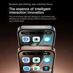 Mumzar mini Android smartphone UAE showing two compact metal frame phones with app icons charging popup and front camera