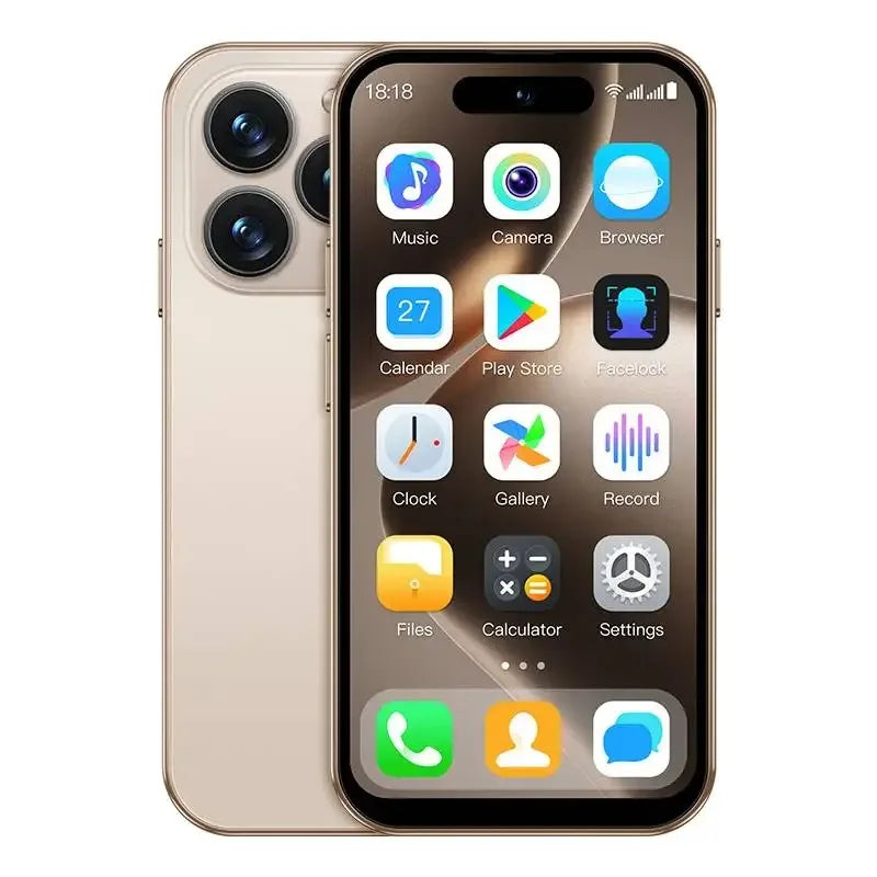 Gold compact mini Android smartphone UAE with dual rear cameras slim bezel display and app icons