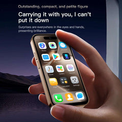 Mumzar mini Android smartphone UAE compact gold phone held in hand showing app icons and compact design