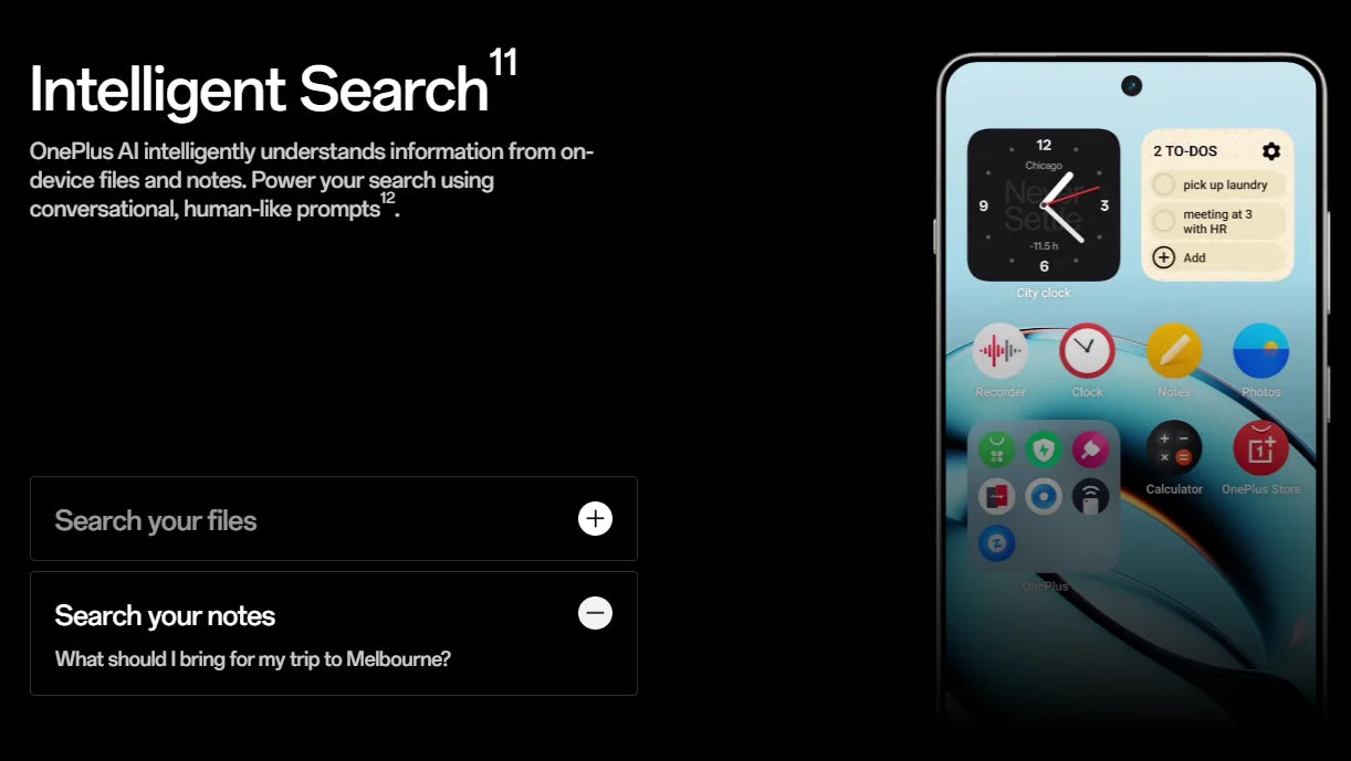 OnePlus 13R global version smartphone displaying intelligent search UI with home screen widgets and search boxes