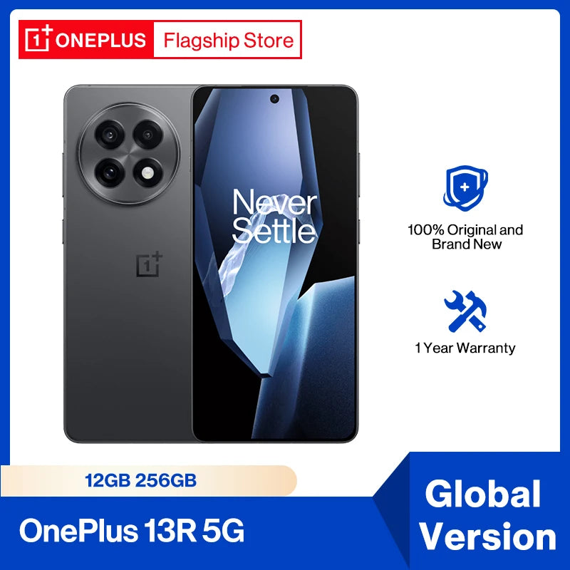 OnePlus 13R global version smartphone gray front and back view with triple circular camera and Never Settle display 12GB 256GB