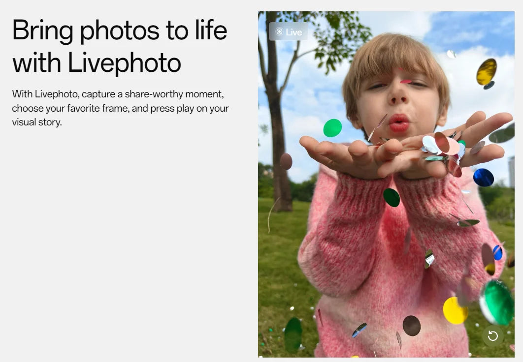 OnePlus 13R global version smartphone showing Livephoto demo of child blowing confetti in park