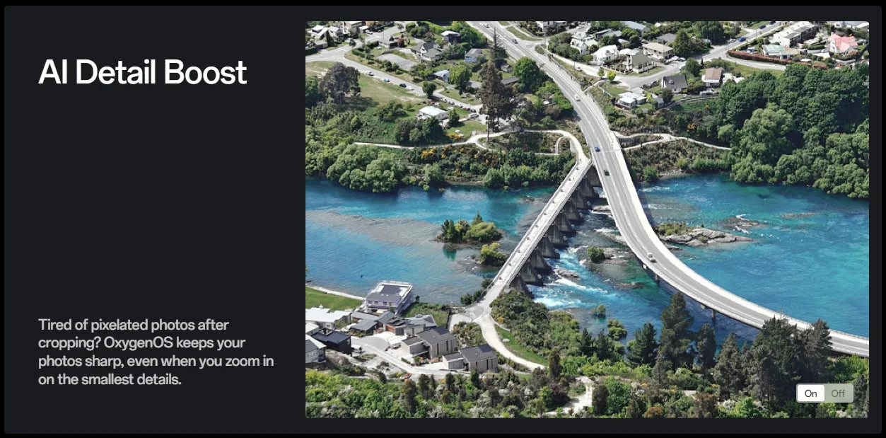 OnePlus 13R global version smartphone sample aerial photo of bridge and river showcasing AI Detail Boost