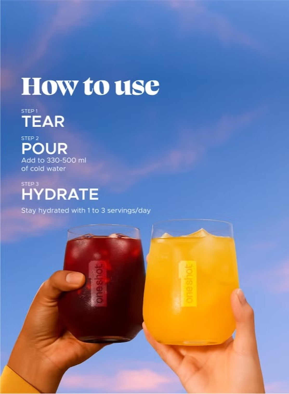 Oneshot electrolyte hydration supplement instructions with cold beverages for optimal hydration