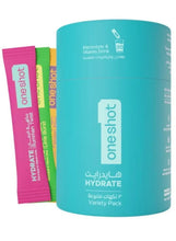 One Shot Hydrate variety pack tub with colorful electrolyte drink sticks