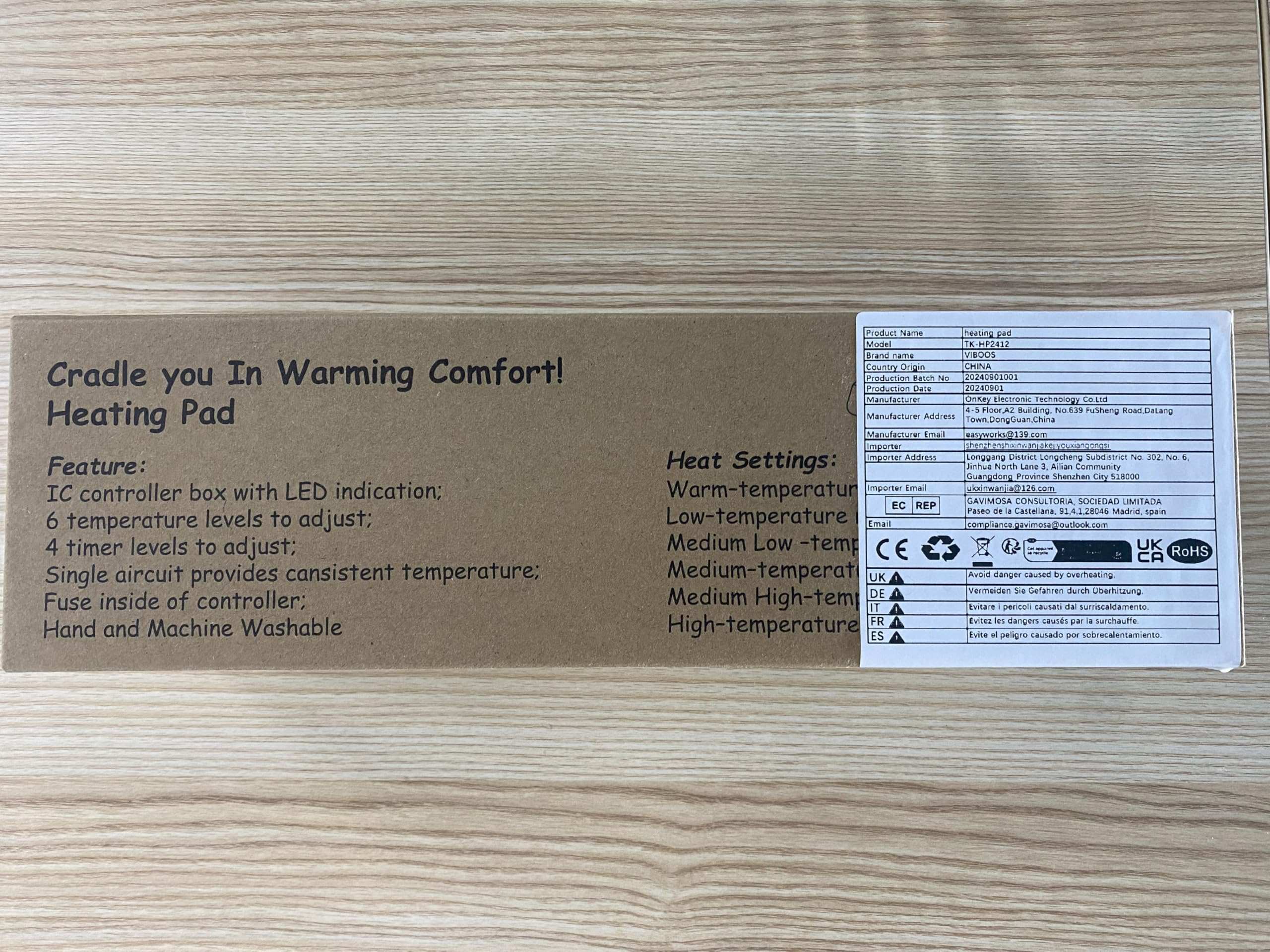 VIBOOS cardboard packaging label for heating pad showing features and heat settings electric heating pad for back pain