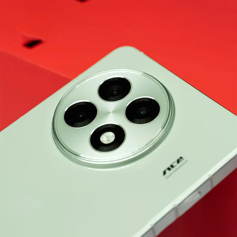 Close up of white OnePlus Ace 5 5G smartphone UAE rear circular quad camera module on red background
