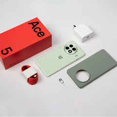 OnePlus Ace 5 5G smartphone UAE mint green with circular camera module and red Ace 5 box charger cable case SIM tool