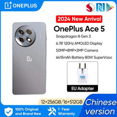 OnePlus Ace 5 5G smartphone UAE gray rear view with circular triple camera, 6.78 inch display and EU adapter