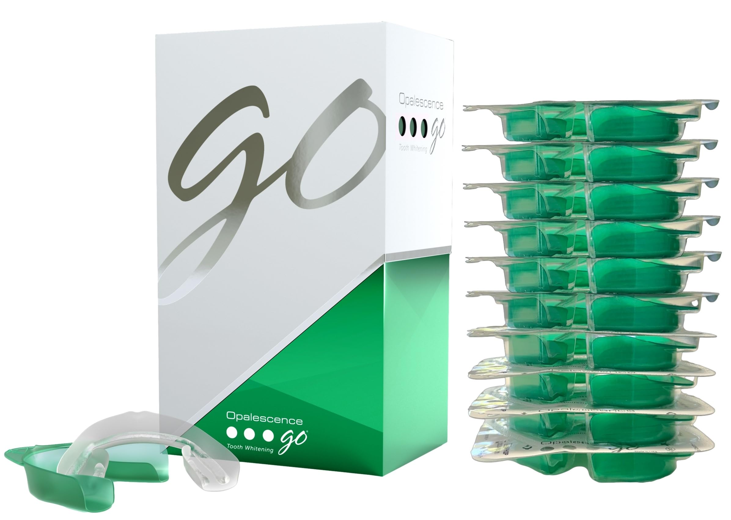 Opalescence Go hydrogen peroxide whitener prefilled green disposable whitening trays and clear mouth tray with box