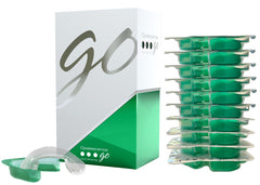 Opalescence Go hydrogen peroxide whitener prefilled green disposable whitening trays and clear mouth tray with box