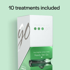 Opalescence Go hydrogen peroxide whitener white and green box showing 10 treatments and trays
