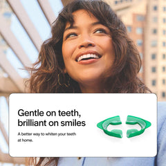 Smiling woman with green whitening trays and Opalescence Go hydrogen peroxide whitener for gentle at home teeth whitening