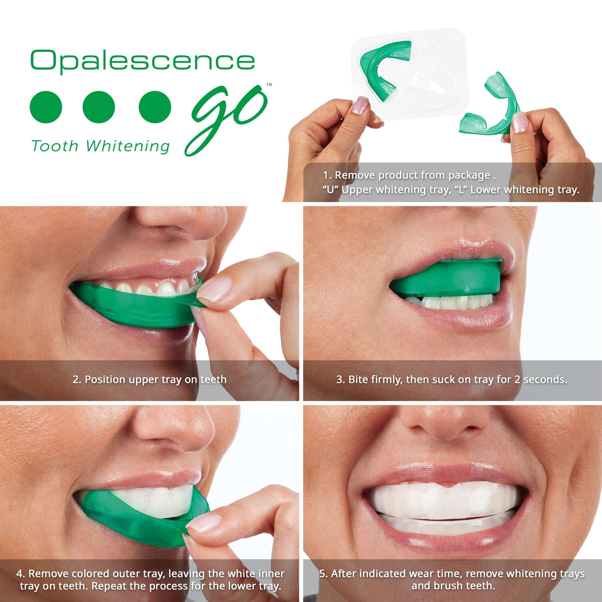 Opalescence Go hydrogen peroxide whitener green single use whitening trays being placed on teeth in step by step images