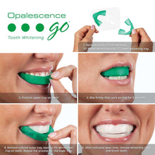 Opalescence Go 15% tooth whitener instructions showing hands applying green trays