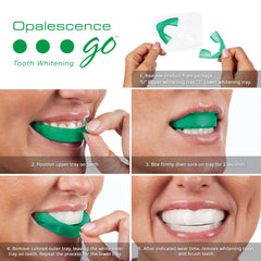 Opalescence Go hydrogen peroxide whitener green single use whitening trays being placed on teeth in step by step images