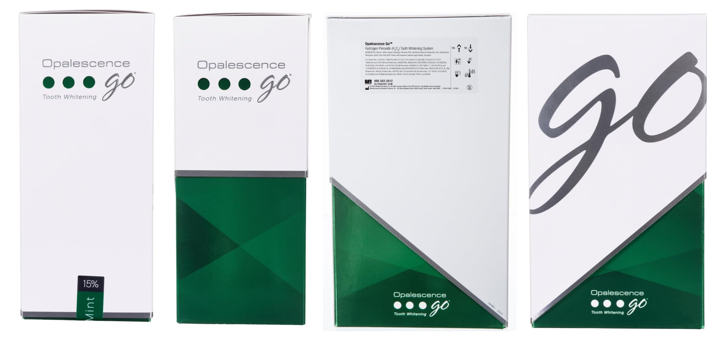 Opalescence Go hydrogen peroxide whitener retail box set showing four white and green product packaging panels