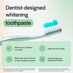 Toothbrush with blue gel and benefits card highlighting opalescence whitening toothpaste cool mint