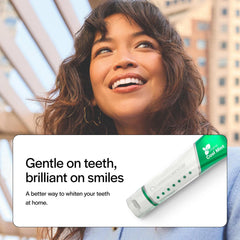 Smiling woman with product panel showing Opalescence toothpaste tube and opalescence whitening toothpaste Cool Mint flavor