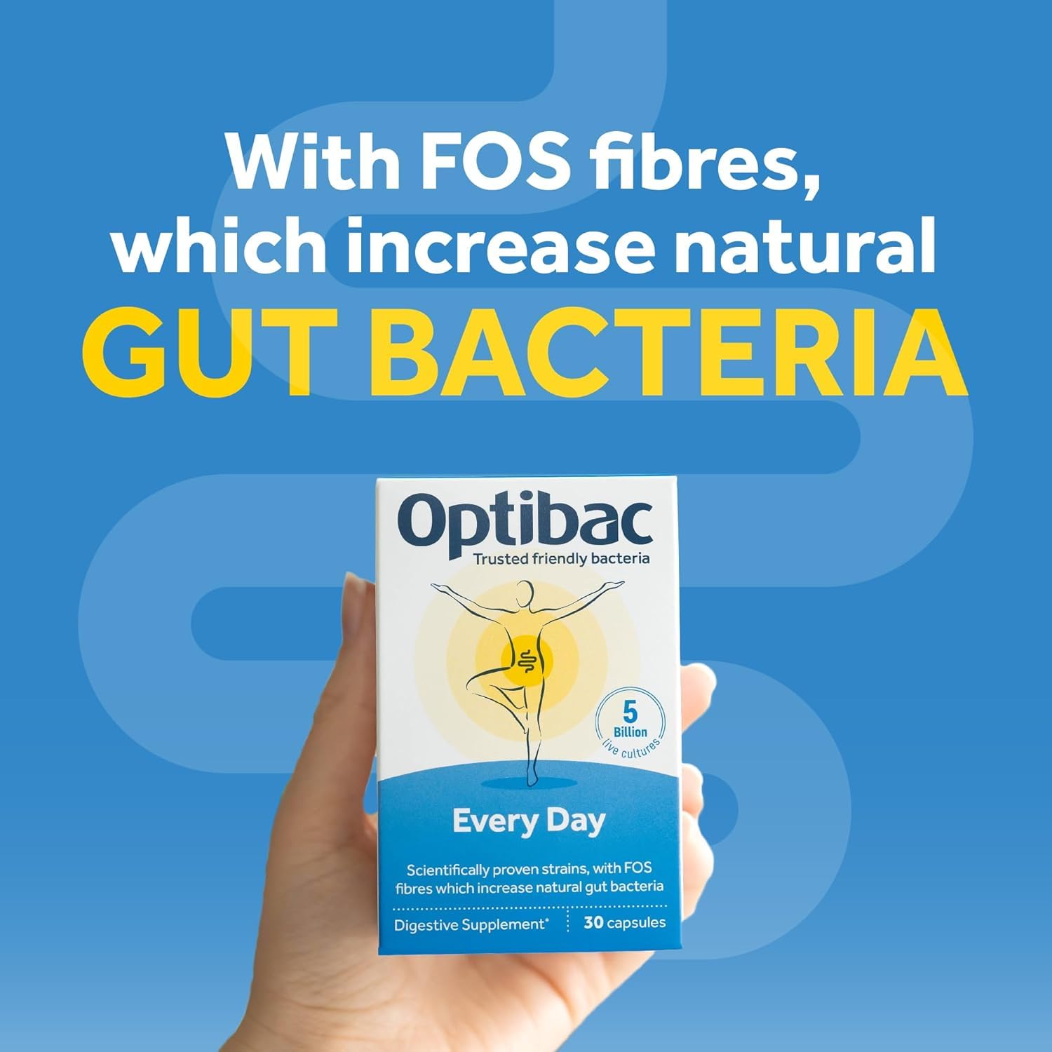 OptiBac Every Day box held in hand against blue background promoting FOS fibres and gut health daily probiotics capsules UAE