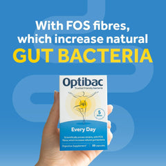OptiBac Every Day box held in hand against blue background promoting FOS fibres and gut health daily probiotics capsules UAE
