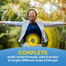 Probiotic digestive supplement promotion with smiling woman and gut health icon