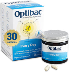 OptiBac Every Day probiotic box and jar with two capsules showing 30 count and 5 billion cultures daily probiotics capsules UAE