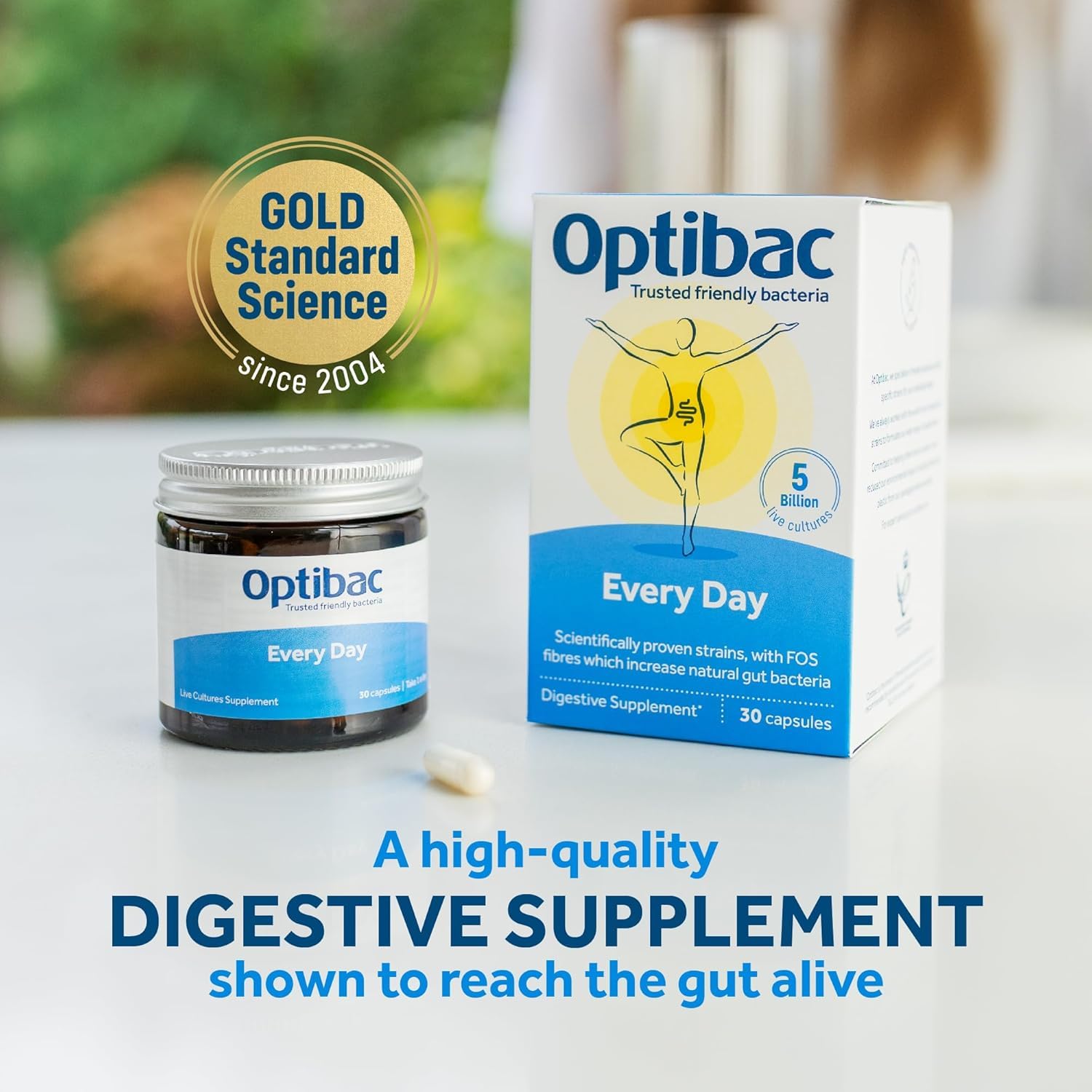 Optibac Every Day digestive supplement box and jar with capsule and gold badge daily probiotics capsules UAE