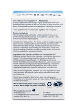 Probiotic digestive supplement box back label with ingredients and storage info