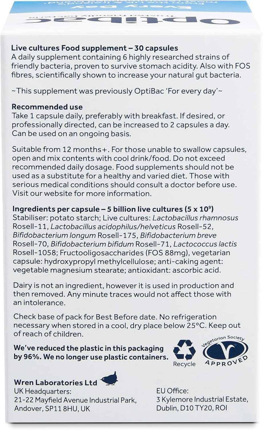 OptiBac box showing daily probiotics capsules UAE 30 capsules live cultures food supplement label